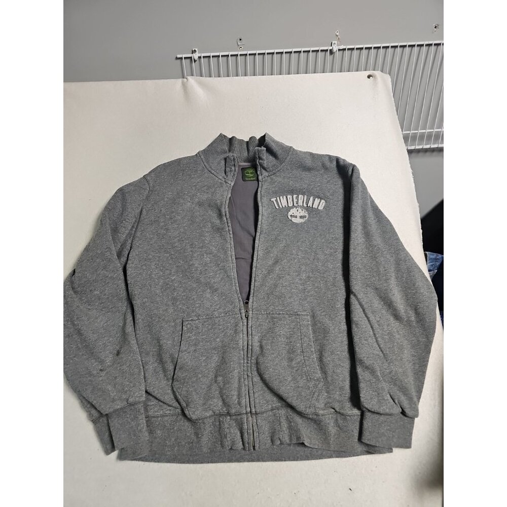 Timberland Mens Full Zip Sweatshirt Gray‎ Spell Out Logo Fleece Jacket Large